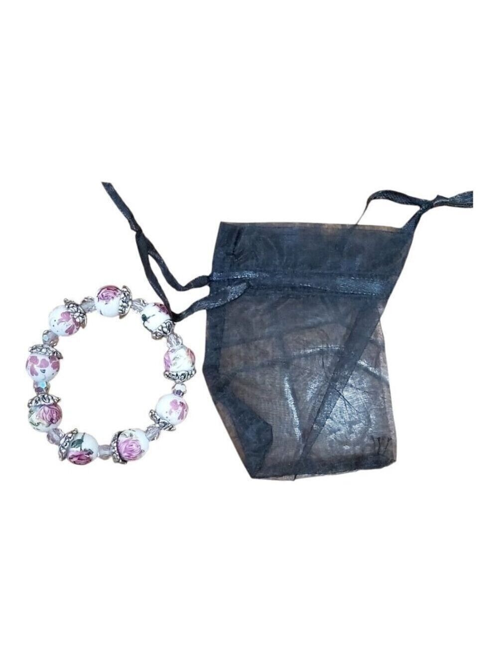 7 Inch Rose Ceramic & Czech AB Crystal Bead Bracelet - Metal Cap Flower Spacers - Picture 4 of 4